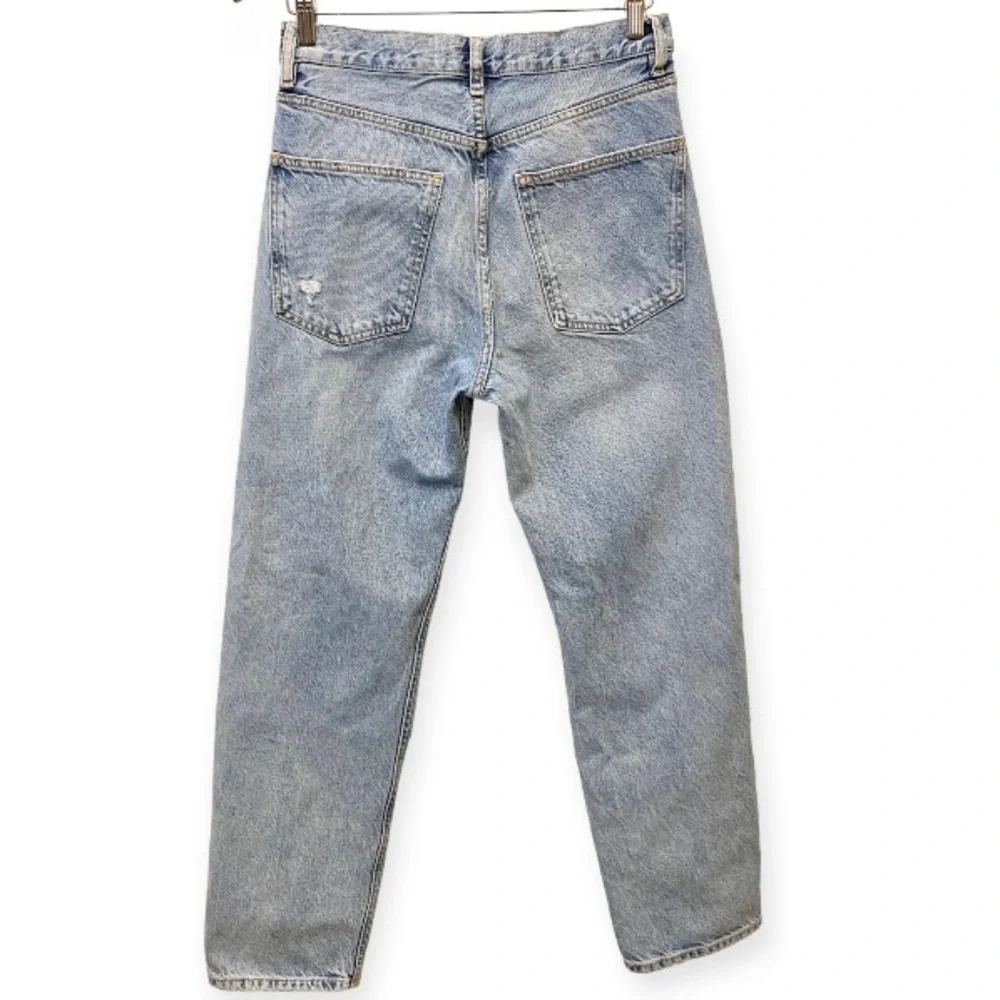 Zara Size 4 High Rise Mom Jeans Ripped Knees Frayed Waistband Distressed Tapered